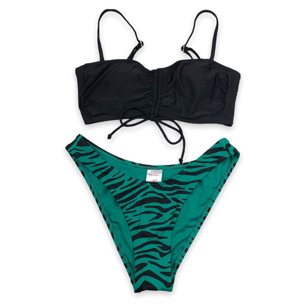 Xhilaration 2-Piece Black Cinch Top Green Animal Print Bikini Bottom Set Medium